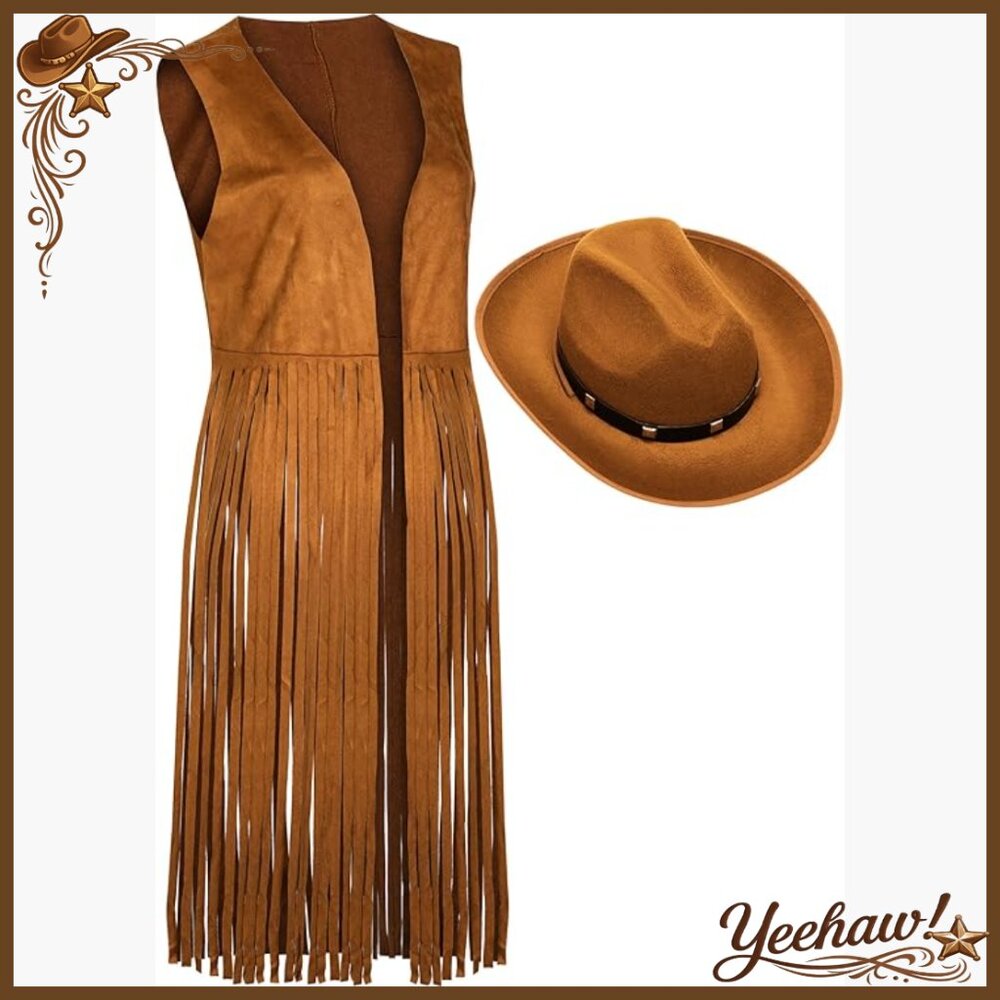 XXL Faux Suede Fringe Vest with Cowgirl Hat Western Costume Set